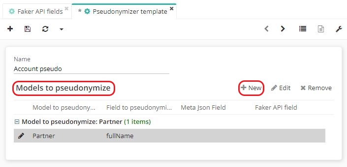 1.2. Access : Application Config → Technical maintenance → Pseudonymization → Pseudonymization templates. Open a pseudonymization file or create a new one. On the Pseudonymisation Template file, select a Model to pseudonymize (for example, Partner). Click +New to add other elements.